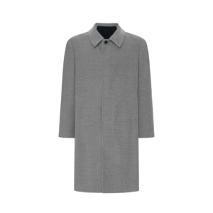 Front view of coat showing sharp collar and clean, modern silhouette.