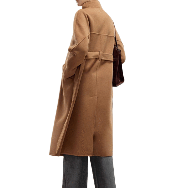 Custom Elegant Winter Women’s Camel Longline Belted Overcoat in Wool Cashmere Blend - Image 3