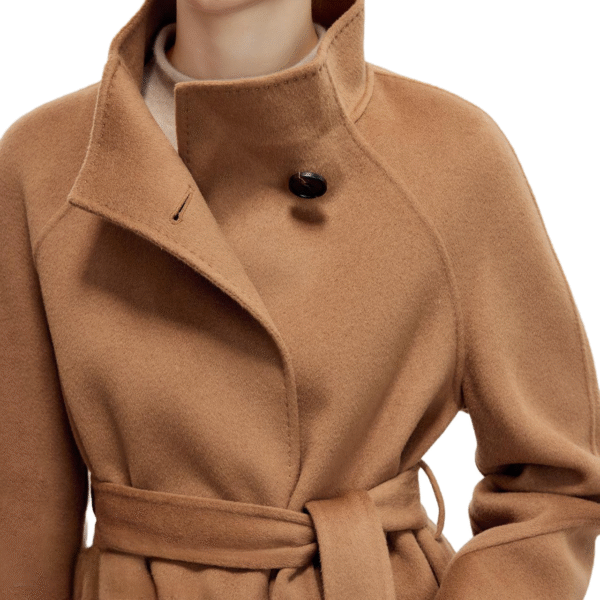 Custom Elegant Winter Women’s Camel Longline Belted Overcoat in Wool Cashmere Blend - Image 4