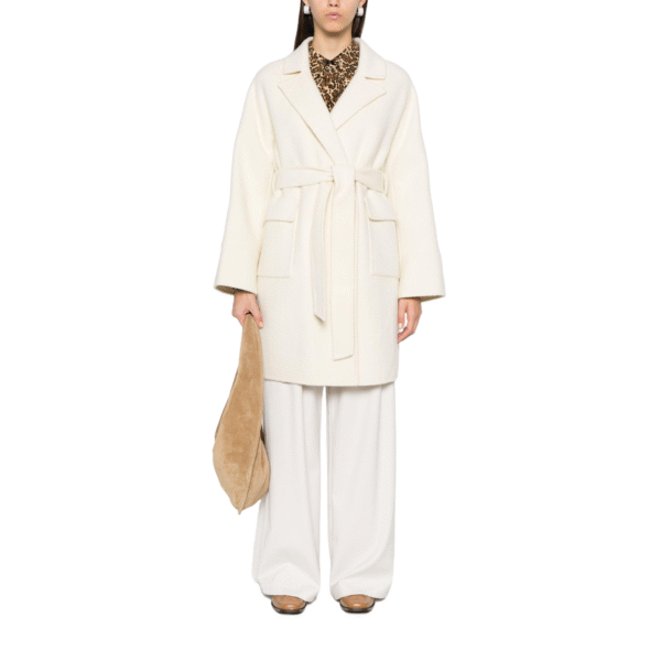Custom Winter Women’s Cream White Belted Coat in Wool Cashmere Blend