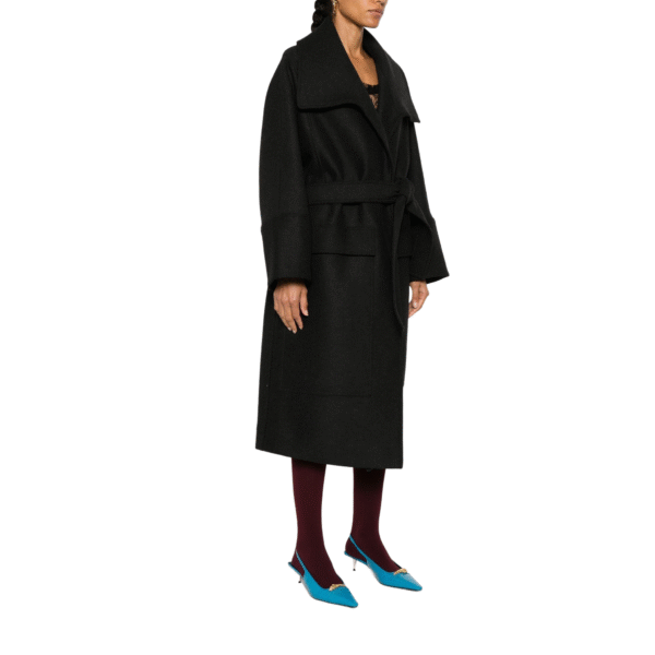 Custom Winter Women’s Black Elegant Style Belted Coat in Wool Cashmere Blend - Image 2