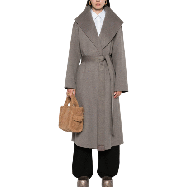 Custom Women’s Gray X Shape Wrap Coat with Wide Collar and Belt for Autumn/Winter in Wool Cashmere Blend - Image 4
