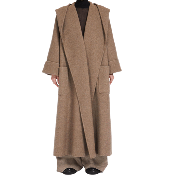 Custom Women’s Oversized Coat with Hood, Long Brown Overcoat for Autumn/Winter in Wool Cashmere Blend - Image 4