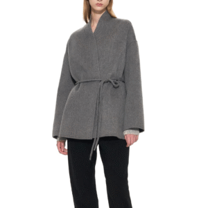 Custom Gray Belted Wrap Women’s Coat for Fall/Winter in Wool Cashmere Blend