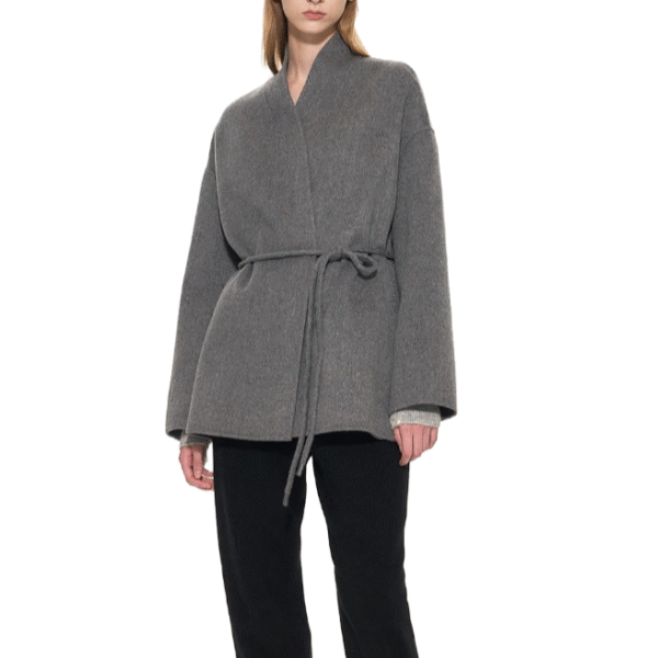 Custom Gray Belted Wrap Women’s Coat for Fall/Winter in Wool Cashmere Blend