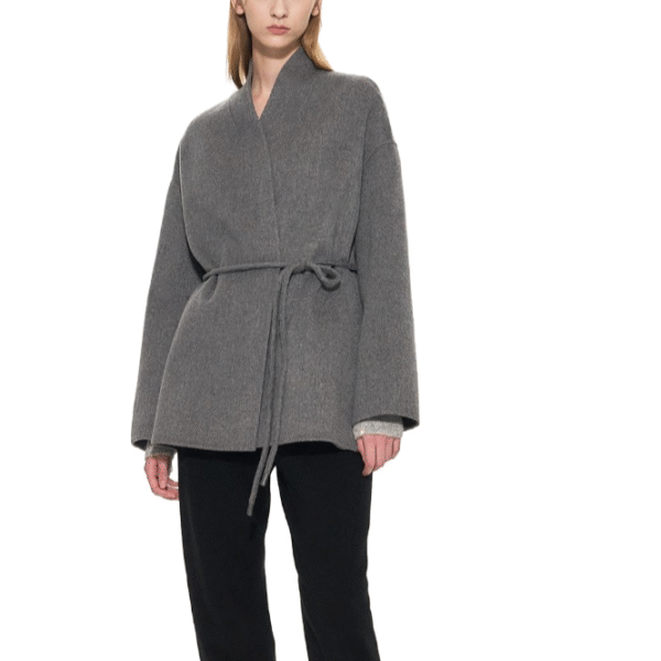 Custom Gray Belted Wrap Women’s Coat for Fall/Winter in Wool Cashmere Blend - Image 5