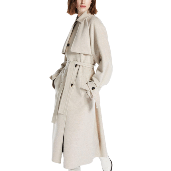 Custom Trench Style Oatmeal Coat for Women in Wool Cashmere Blend - Image 2