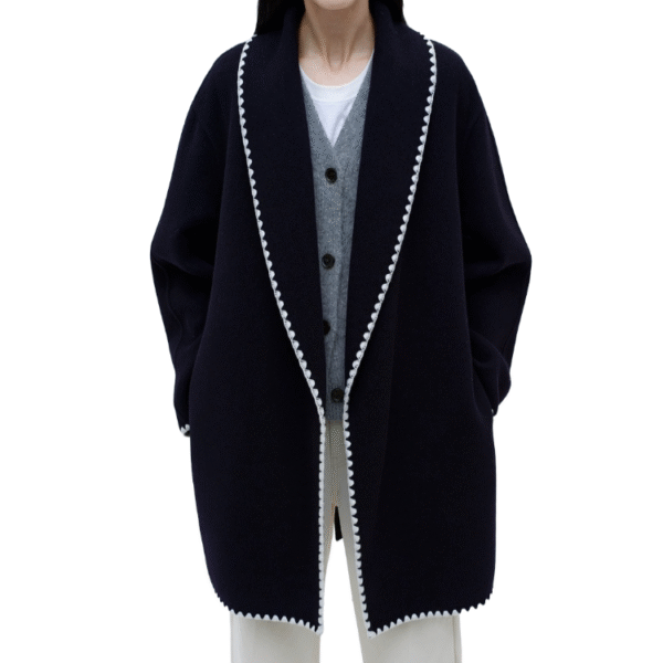 Custom Deep Navy Loose-fitting Oversized Women’s Coat in Wool Cashmere Blend