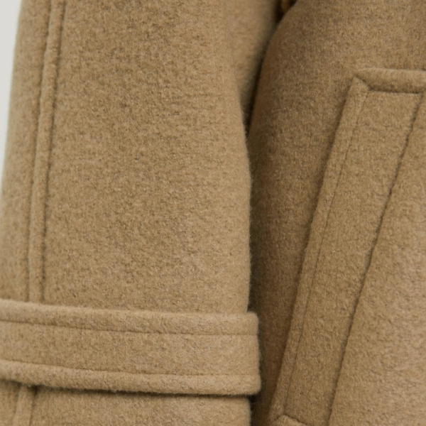 Custom Camel Belted High-neck Women’s Coat With Buttoned Cuffs in Wool Cashmere Blend - Image 3
