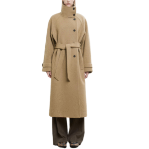 Custom Camel Belted High-neck Women’s Coat With Buttoned Cuffs in Wool Cashmere Blend