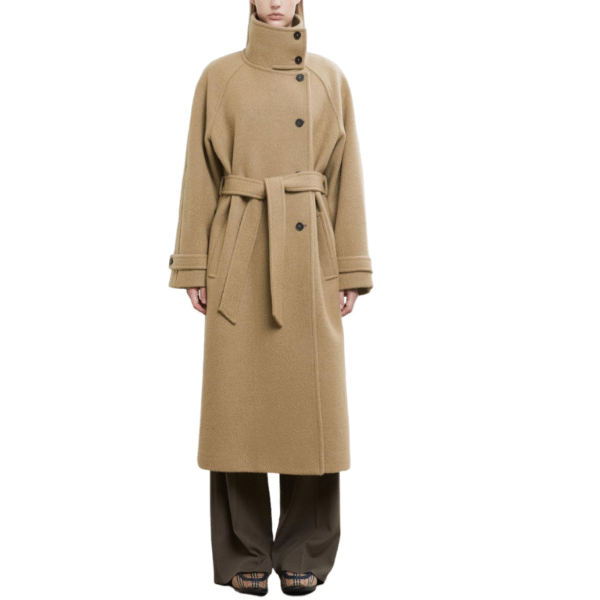 Custom Camel Belted High-neck Women’s Coat With Buttoned Cuffs in Wool Cashmere Blend