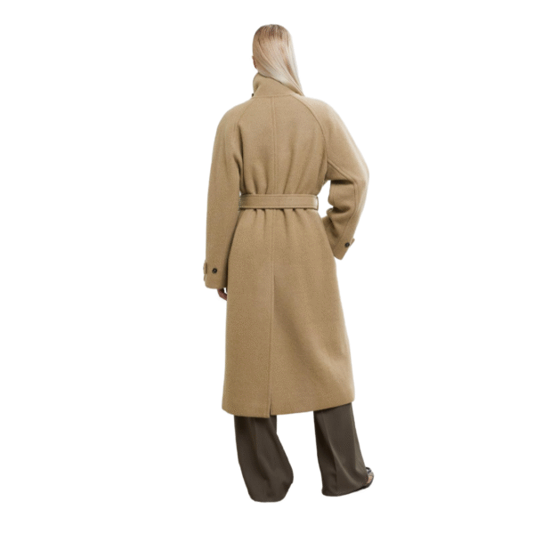 Custom Camel Belted High-neck Women’s Coat With Buttoned Cuffs in Wool Cashmere Blend - Image 5