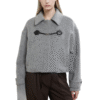 Custom Soft Gray Leather Accents Women’s Coat With Buttoned Cuffs in Wool Cashmere Blend