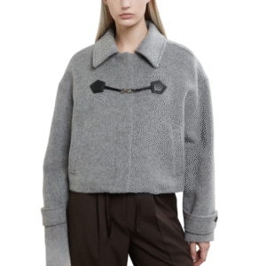 Custom Soft Gray Leather Accents Women’s Coat With Buttoned Cuffs in Wool Cashmere Blend