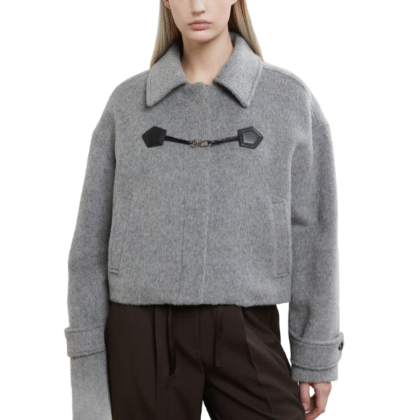 Custom Soft Gray Leather Accents Women’s Coat With Buttoned Cuffs in Wool Cashmere Blend