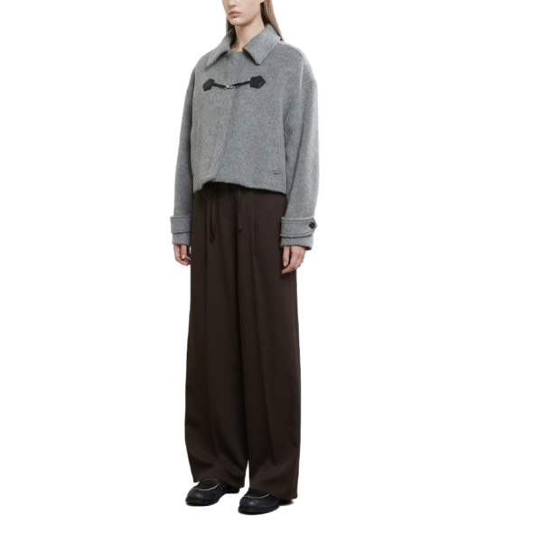 Custom Soft Gray Leather Accents Women’s Coat With Buttoned Cuffs in Wool Cashmere Blend - Image 3
