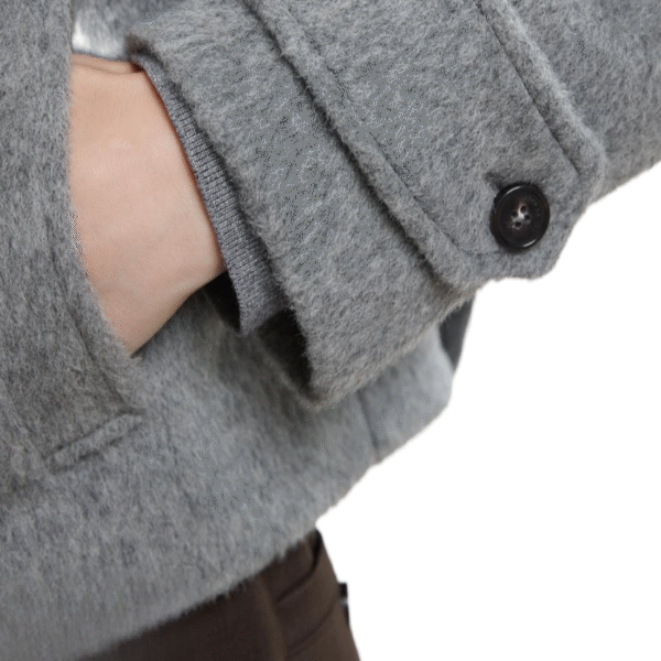 Custom Soft Gray Leather Accents Women’s Coat With Buttoned Cuffs in Wool Cashmere Blend - Image 4