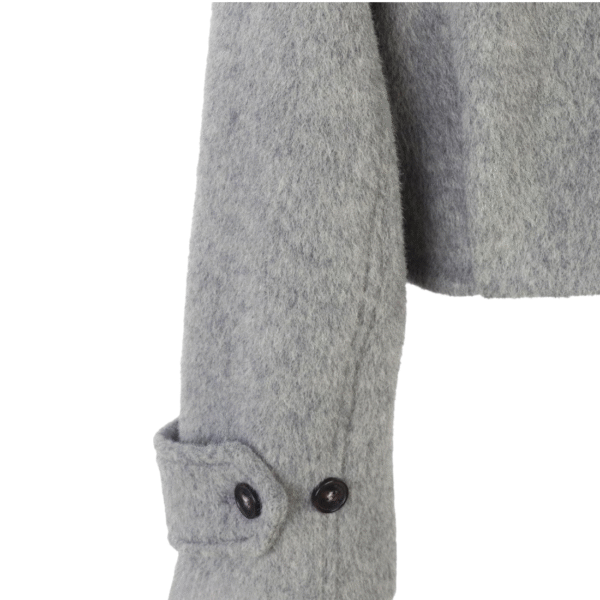 Custom Soft Gray Leather Accents Women’s Coat With Buttoned Cuffs in Wool Cashmere Blend - Image 5