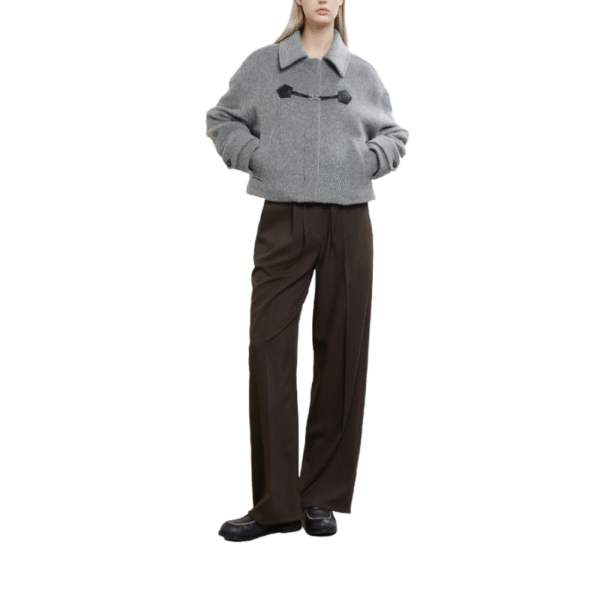 Custom Soft Gray Leather Accents Women’s Coat With Buttoned Cuffs in Wool Cashmere Blend - Image 6
