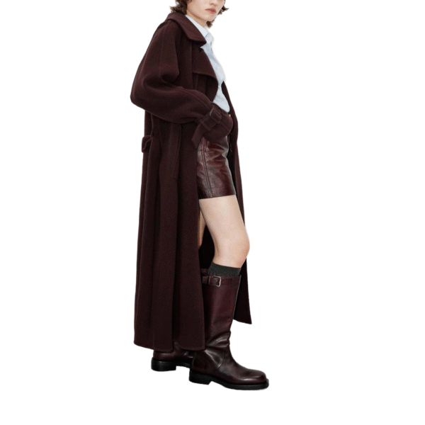 Custom Dark Brown Wide Lapels Self-tie Belted Women’s Coat in Wool Cashmere Blend for Fall or Winter Wear - Image 3