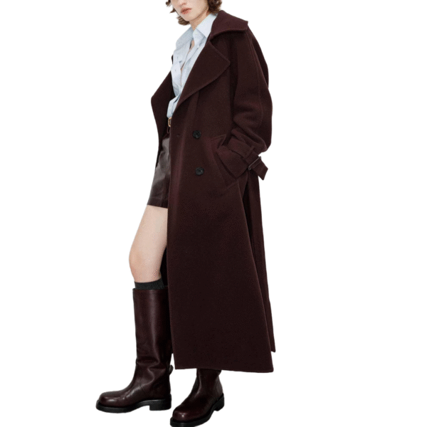 Custom Dark Brown Wide Lapels Self-tie Belted Women’s Coat in Wool Cashmere Blend for Fall or Winter Wear - Image 4