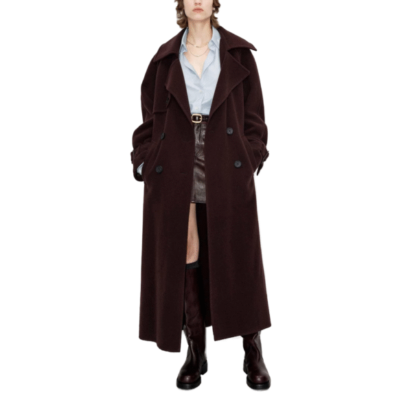 Custom Dark Brown Wide Lapels Self-tie Belted Women’s Coat in Wool Cashmere Blend for Fall or Winter Wear - Image 5