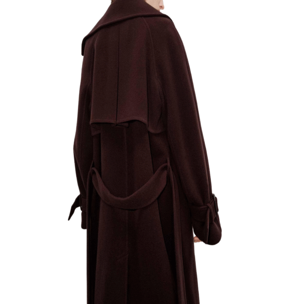 Custom Dark Brown Wide Lapels Self-tie Belted Women’s Coat in Wool Cashmere Blend for Fall or Winter Wear - Image 6