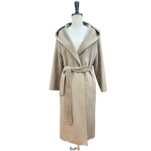 Custom camel hooded wide lapels flattering silhouette belted wool wrap coat for Fall/Winter