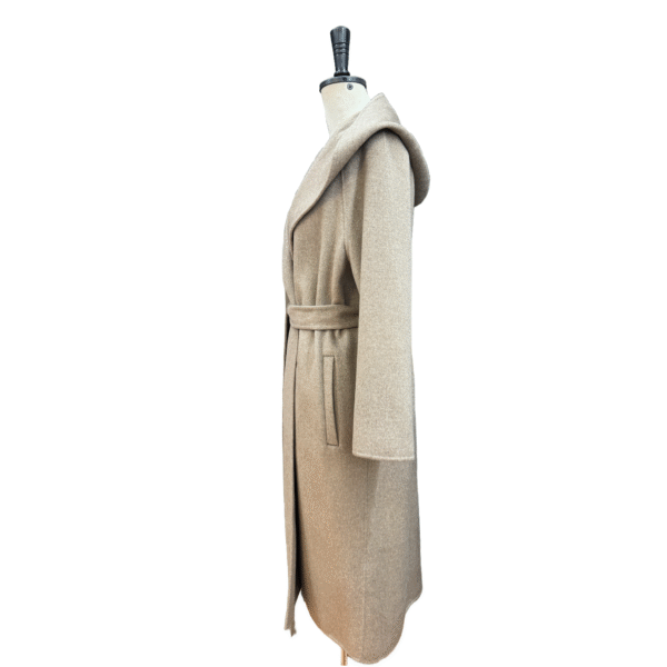 Custom camel hooded wide lapels flattering silhouette belted wool wrap coat for Fall/Winter - Image 4
