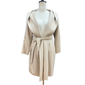 Custom beige hooded belted wide open collar wool coat for Fall/Winter