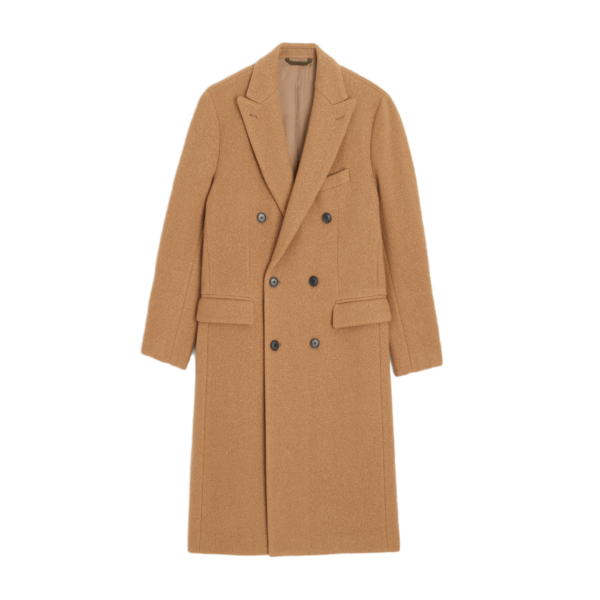 Custom Fall/Winter Camel-colored Peak Lapels Double-breasted Tweed Trench Coat For Men With Flap Pockets