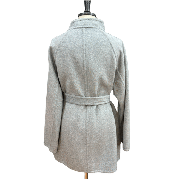 Custom Minimalist Gray High Funnel Neck Asymmetric Button Closure Single-breasted Tweed Cropped Ladies Fitted Coat For Fall/Winter - Image 2