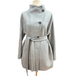 Custom Minimalist Gray High Funnel Neck Asymmetric Button Closure Single-breasted Tweed Cropped Ladies Fitted Coat For Fall/Winter