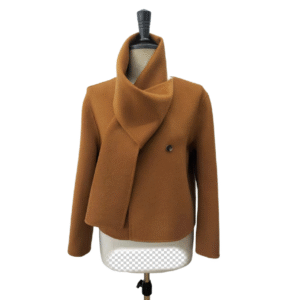 Custom Chic Warm Camel Wrap-style Front Tweed Cropped Wool Jacket With High Draped Collar For Fall/Winter