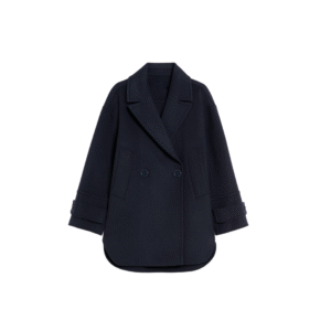 Structured Oversized Silhouette Navy Tweed Cropped Double-Face Wool Trench Coat With Adjustable Straps at Cuffs For Fall/Winter