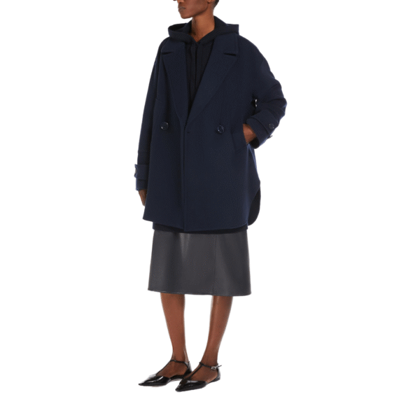 Structured Oversized Silhouette Navy Tweed Cropped Double-Face Wool Trench Coat With Adjustable Straps at Cuffs For Fall/Winter - Image 4