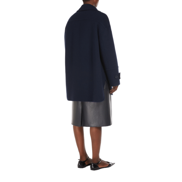 Structured Oversized Silhouette Navy Tweed Cropped Double-Face Wool Trench Coat With Adjustable Straps at Cuffs For Fall/Winter - Image 5