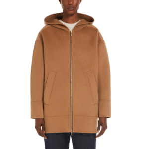 Leisure Camel Front Zip Closure Side Pockets Relaxed Oversized Hooded Tweed Double-Face Wool Trench Jacket