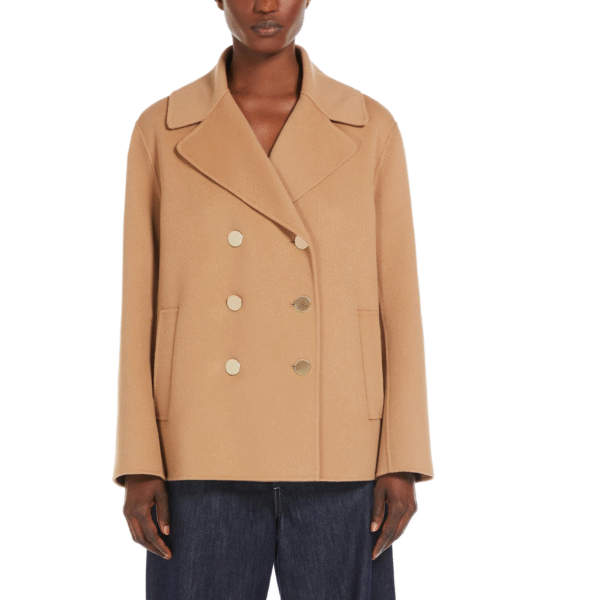 Timeless Camel-colored Double-breasted Tweed Double-Face Wool Trench Jacket With Gold Buttons For Fall/Winter - Image 4