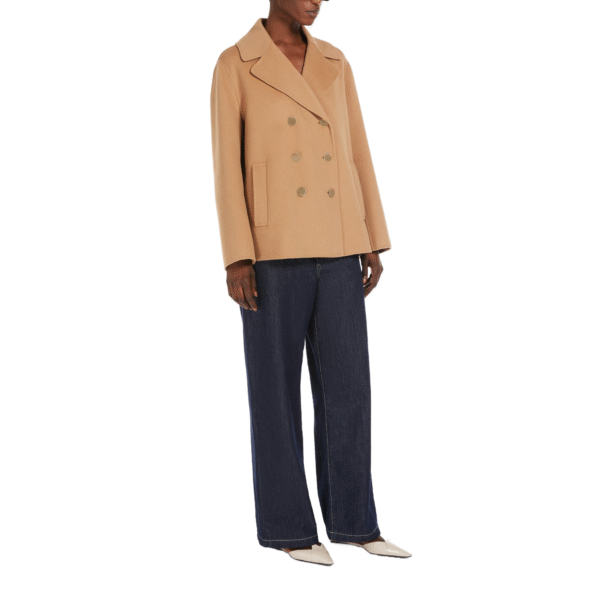 Timeless Camel-colored Double-breasted Tweed Double-Face Wool Trench Jacket With Gold Buttons For Fall/Winter - Image 5