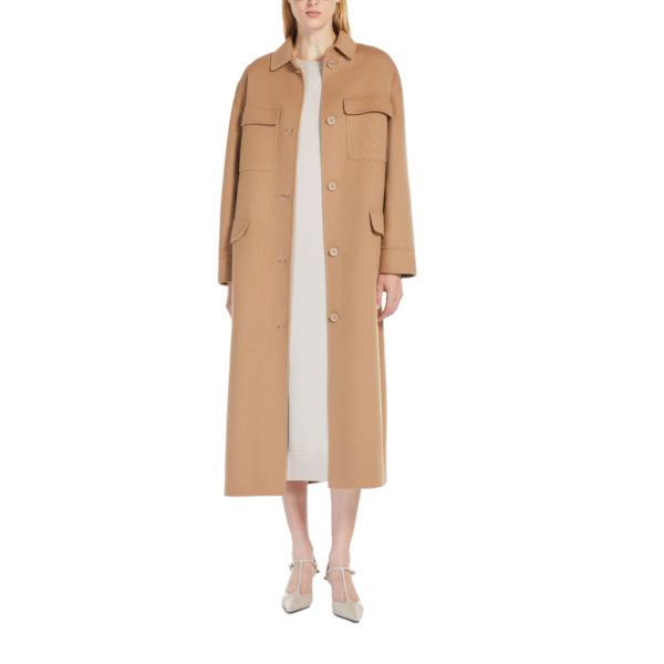 Camel Long Tailored Relaxed Silhouette Tweed Double-Face Wool Trench Coat With Shirt-style Collar - Image 2
