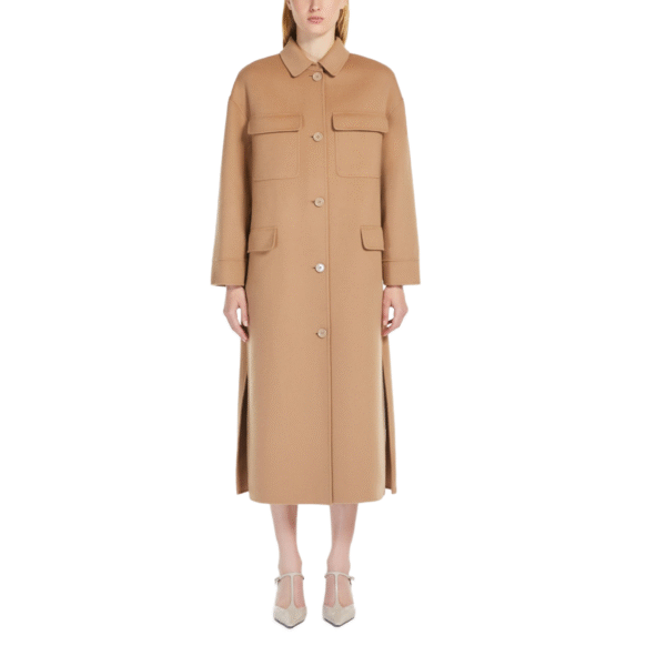 Camel Long Tailored Relaxed Silhouette Tweed Double-Face Wool Trench Coat With Shirt-style Collar - Image 3