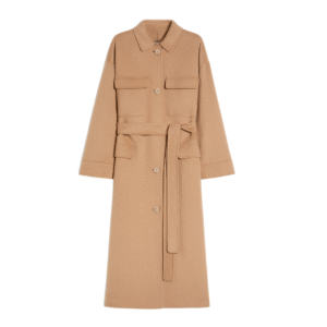 Camel Long Tailored Relaxed Silhouette Tweed Double-Face Wool Trench Coat With Shirt-style Collar