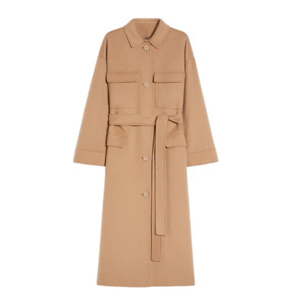 Camel Long Tailored Relaxed Silhouette Tweed Double-Face Wool Trench Coat With Shirt-style Collar