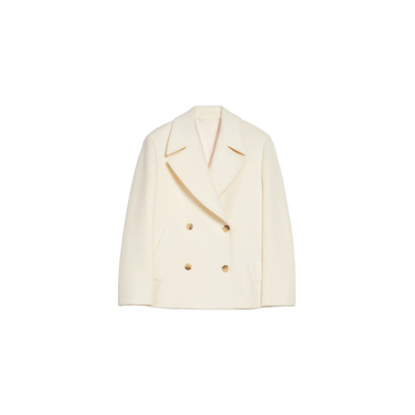 Gold button Fastening Structured Classic Silhouette Tweed Double-Face Wool Ivory Wool Coat With Wide Lapels