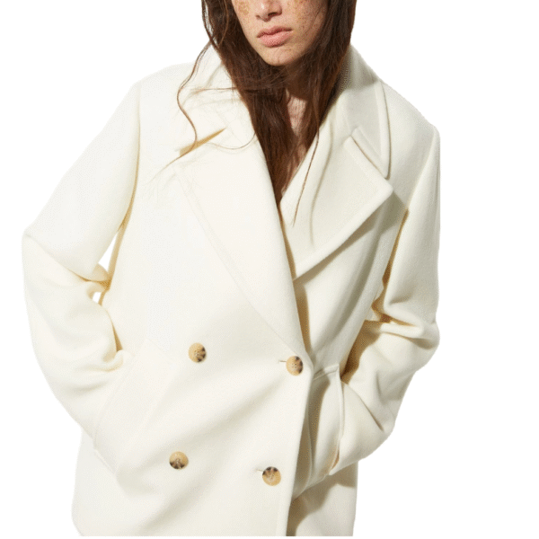 Gold button Fastening Structured Classic Silhouette Tweed Double-Face Wool Ivory Wool Coat With Wide Lapels - Image 4