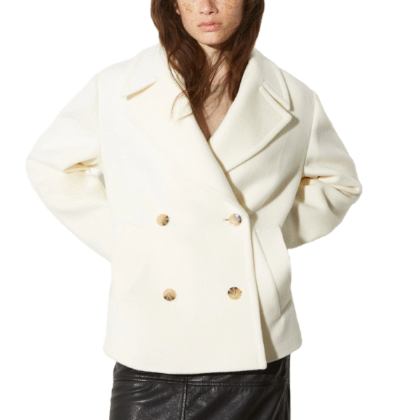 Gold button Fastening Structured Classic Silhouette Tweed Double-Face Wool Ivory Wool Coat With Wide Lapels - Image 5