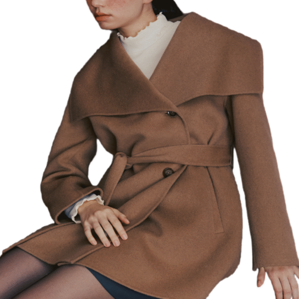 Single-breasted Button Closure Tailored Silhouette Elegant Design Luxurious Belted Tweed Double-Face Wool Jacket - Image 5