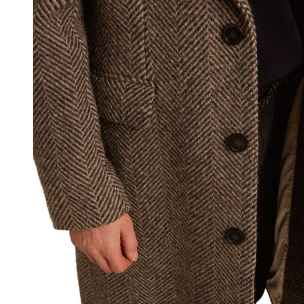 Fall/Winter Single-breasted Button Closure H-shape Tweed Double-Face Herringbone Wool Coat With Flap Pockets - Image 4