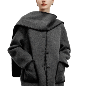 Spring Autumn Single-Sided Wool Luxury Charcoal Wool Jacket with Embellished Edges, Stylish Scarf Coat with Button Closure